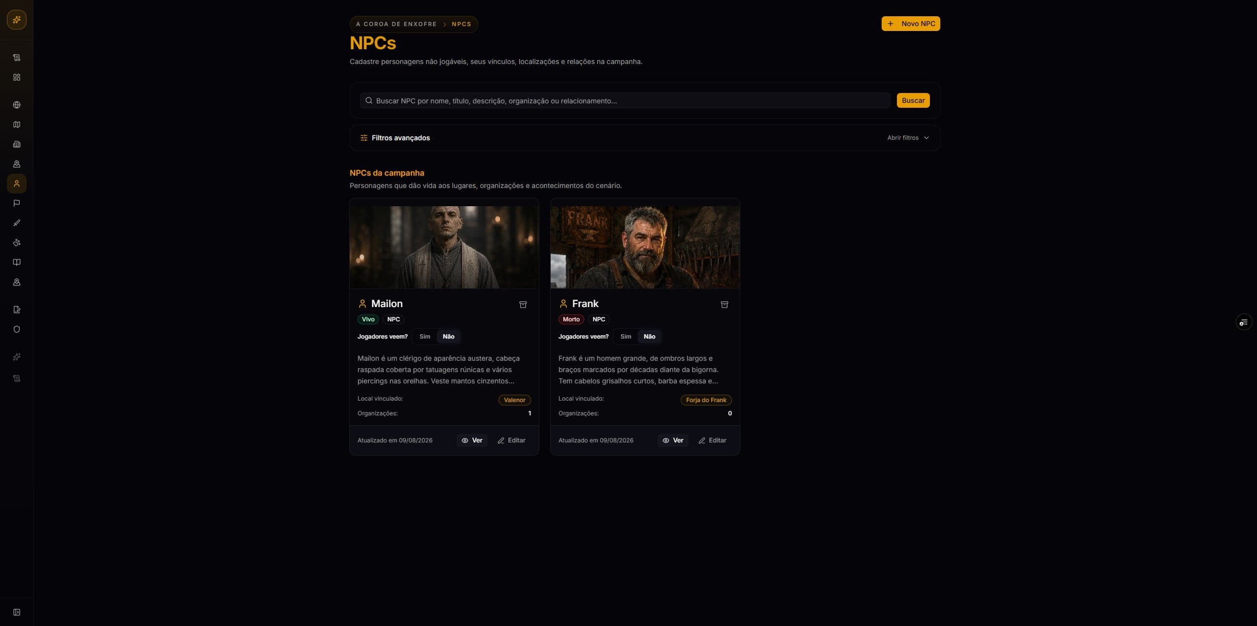 Tela real da listagem de NPCs mostrando dois cards com retratos, status e vínculos